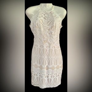 Tobi lace overlay beige with white lace dress with fringed trim Women’s Medium M